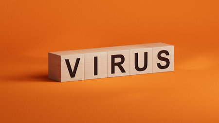 Dice form the word VIRUS. 3D rendering on orange background.の写真素材