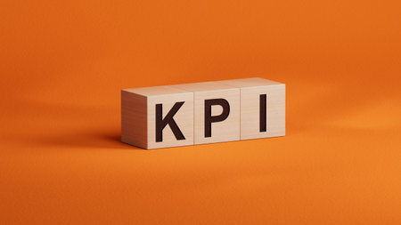 wooden cubes with KPI text. Financial, marketing.close up of wooden cubes,Business Concept.3D rendering on orange background.の写真素材
