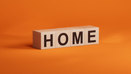 Home.wooden cubes spelling.Flat lay view from above on wooden cubes buttons.IT technology concept.3D rendering on orange background.の写真素材