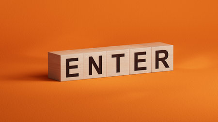 Enter.3D illustration of wooden cubes.close up of wooden cubes,3D rendering on orange background.の写真素材
