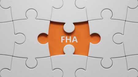the word FHA is written on The white puzzle pieces with missing pieces.close up of The white puzzle pieces with missing pieces,Business Concept.3D rendering on orange background.の写真素材