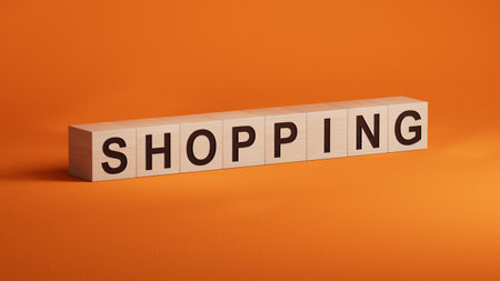 Shopping.3D illustration of wooden cubes.close up of wooden cubes,3D rendering on orange background.の写真素材