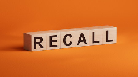 Recall written on wooden cubes on wooden background.close up of wooden cubes,Business Concept.3D rendering on orange background.の写真素材