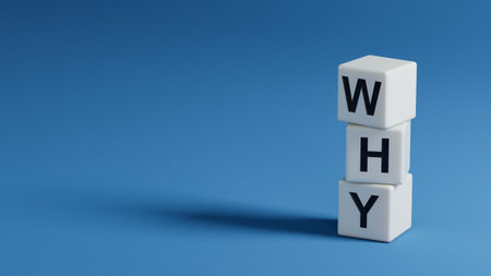 Closeup of word with question mark on wooden elements. Reason why business or relationship concept.3D rendering on blue background.の写真素材