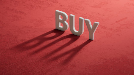 shadow of 3d characters form the word Buy. The concept of the word Buy. 3D rendering on red background.の写真素材