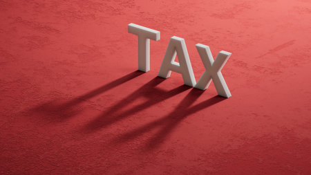 Tax. shadow of 3d charcaters form the word Tax. Pay tax in NEW years. 3D rendering on red background.の写真素材
