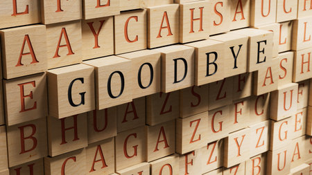 3D illustration of GOODBYE in English, using a bold font. It conveys a respectful and formal farewell.wooden blocks.3D rendering on wooden background.の写真素材