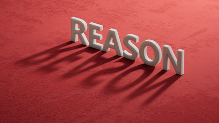 Reason symbol. Concept word Reason on shadow of 3d charcaters.Business and Reason concept. Copy space.close up of shadow of 3d charcaters,Business Concept.3D rendering on red background.の写真素材