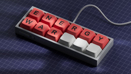 Energy war symbol. Concept words Energy war on beautiful wooden stick. Business and Energy war concept. Copy space.3D rendering on blue background. Computer keyboard keys.の写真素材