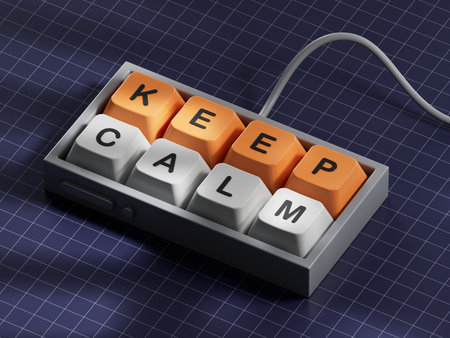 Dice form the expression KEEP CALM. 3D rendering on blue background.