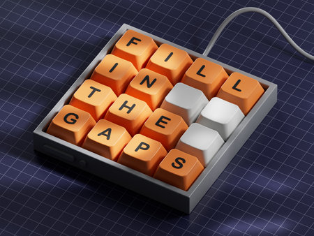 Fill in the gaps symbol. Concept words fill in the gaps on Computer keyboard keys. Business and fill in the gaps concept. 3D rendering on blue background.の写真素材
