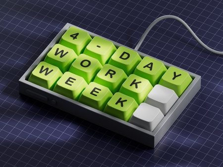 4-day work week symbol. Concept words 4-day work week on Computer keyboard keys.Business and 4-day work week concept. Copy space.3D rendering on blue background.の写真素材