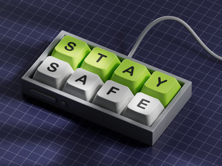 STAY SAFE - text on Computer keyboard keys.3D rendering on blue background.