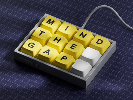 Mind the gap symbol. Concept words Mind the gap.Business and Mind the gap concept. Computer keyboard keys. Copy space.3D rendering on blue background.の写真素材