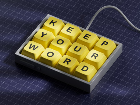 Keep your word symbol. Computer keyboard keys with words Keep your word.Business and Keep your word concept. Copy space.3D rendering on blue background.の写真素材