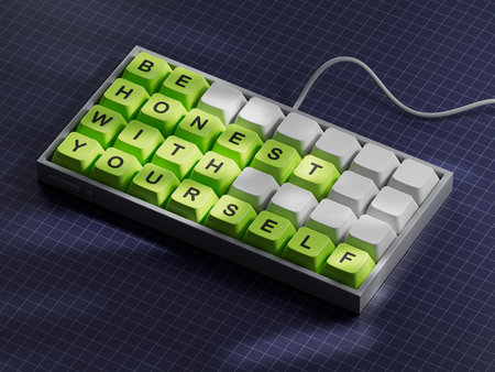 Be honest with Yourself symbol. Computer keyboard keys with words Be honest with Yourself. Be honest with Yourself concept.Copy space.3D rendering on blue background.の写真素材