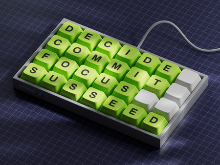 Decide Commit Focus Succeed symbol. Concept words Decide Commit Focus Succeed on Computer keyboard keys.Business concept. Copy space.3D rendering on blue background.の写真素材
