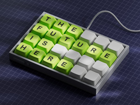 The future is here symbol. Concept words The future is here on Computer keyboard keys.Business and The future is here concept. Copy space.3D rendering on blue background.の写真素材