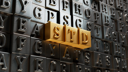 STD Sexually transmitted infections text on Movable type printing. medical concept.close up of Movable type printing.3D rendering on gold background.の写真素材