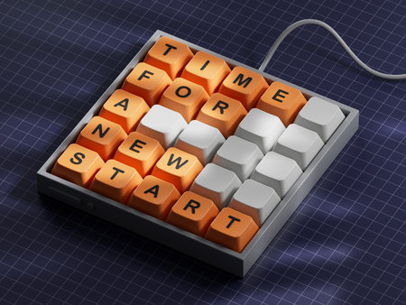 Time for a new start symbol. Computer keyboard keys with words Time for a new start.Business and Time for a new start concept. Copy space.3D rendering on blue background.の写真素材
