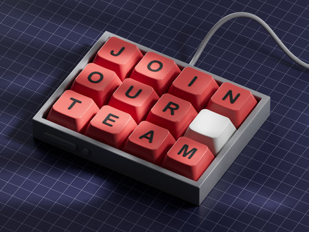 Join our team symbol. Computer keyboard keys with words Join our team.Business and Join our team concept. Copy space.3D rendering on blue background.の写真素材