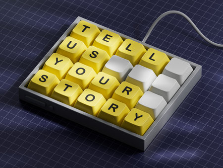 Tell us your story symbol. Concept words Tell us your story on Computer keyboard keys.Business and Tell us your story concept. Copy space.3D rendering on blue background.の写真素材