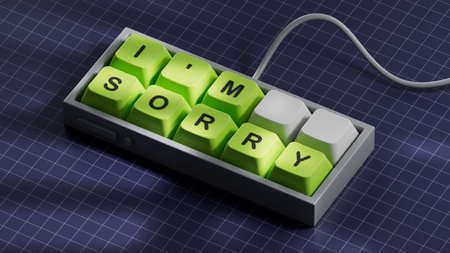 3D illustration of I'M SORRY in English, using a heartfelt font. It symbolizes sincere remorse and apology. Blue Cut Out Paper. 3D rendering on blue background.の写真素材