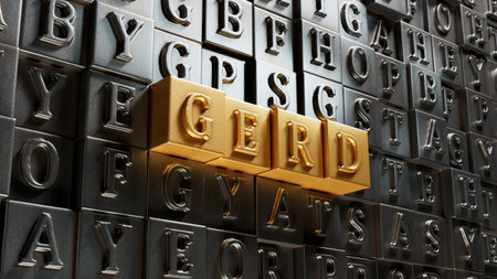The word GERD is written on Movable type printing. Medical concept. Close up of Movable type printing. 3D rendering on gold background.の写真素材