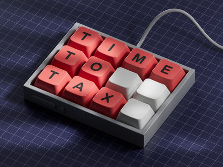 TIME TO TAX - text on Computer keyboard keys. Computer keyboard keys. Copy space.3D rendering on blue background.の写真素材