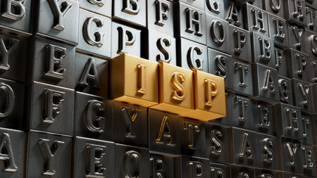 isp sign on Movable type printing.close up of Movable type printing,Business Concept.3D rendering on gold background.の写真素材