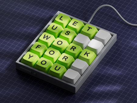 Let us work for you symbol. Computer keyboard keys with words Let us work for you.Business and Let us work for you concept. Copy space.3D rendering on blue background.の写真素材