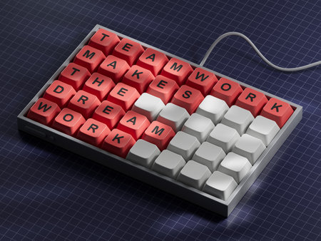 Teamwork makes the dream work symbol. Concept words Teamwork makes the dream work on Computer keyboard keys. Business Teamwork makes dream work concept. Copy space.3D rendering on blue background.の写真素材