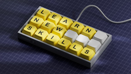 Learn new skills symbol. Concept words Learn new skills on Computer keyboard keys.Business and Learn new skills concept. Copy space.3D rendering on blue background.の写真素材