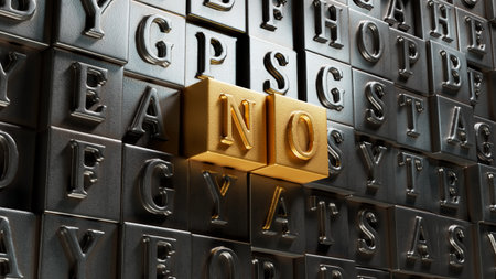Movable type printing with text no. Negative answer concept. No risk, no violence or no discrimination concept. 3D rendering on gold background.の写真素材