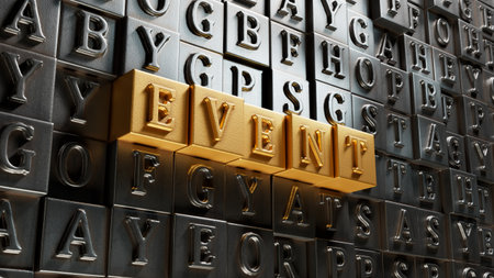 The word EVENT is written on Movable type printing. Medical concept.close up of Movable type printing.3D rendering on gold background.の写真素材