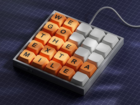 We go the extra mile symbol. Computer keyboard keys with words We go the extra mile.Business and We go the extra mile concept.3D rendering on blue background.の写真素材