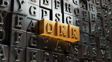 Business and design concept - surreal Movable type printing OKR. the symbol of leadership, communication and success.Business Concept.3D rendering on gold background.の写真素材