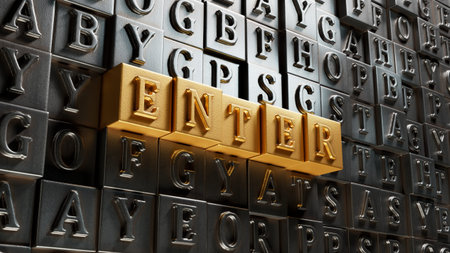 Enter.3D illustration of Movable type printing.close up of Movable type printing,3D rendering on...