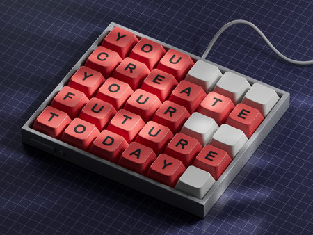 Future and development symbol. Computer keyboard keys with words You Create your Future today.Business and Future and development concept. Copy space.3D rendering on blue background.の写真素材