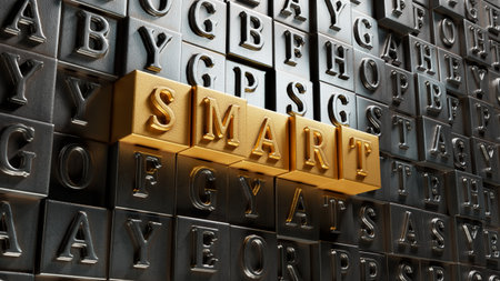 wooden cube block with smart business word.close up of wooden elements,Business Concept.3D rendering on gold background.の写真素材