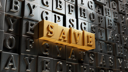 Symbol for saving or spending money. Dice form the word save while the word spend is visible in the reflection. 3D rendering on gold background.の写真素材