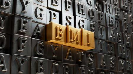 Cubes form the expression BMI. 3D rendering on gold background.の写真素材