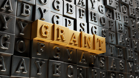 Movable type printing with GRANT business word.close up of Movable type printing,Business Concept.3D rendering on gold background.の写真素材
