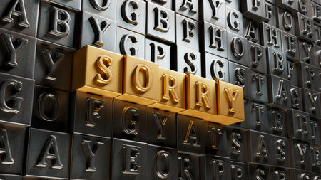 word concept. Sorry Message to Express Regret, Remorse, Apology for Error, Mistake, Guilt and Request Forgiveness. Concept With Word Written in Cut Out Paper. 3D rendering on gold background.の写真素材