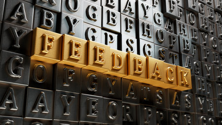 Word FEEDBACK made with Movable type printing. Business concept. Close up of Movable type printing, business concept. 3D rendering on gold background.の写真素材