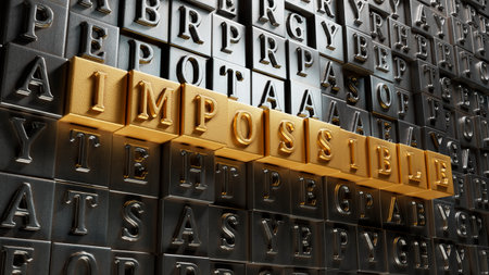 Movable type printing impossible.Flat lay view from above on gold background with Movable type printing buttons.IT technology concept.3D rendering on gold background.の写真素材