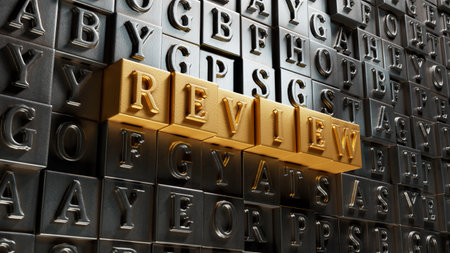 Review.3D illustration of Movable type printing.close up of Movable type printing,3D rendering on gold background.の写真素材