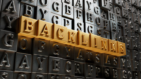 Backlinks - conceptual text with Movable type printing.3D rendering on gold background.の写真素材