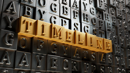 Movable type printing with text TIMELINE. financial market. financing.close up of Movable type printing,Business Concept.3D rendering on gold background.の写真素材