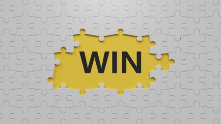 Win on The white puzzle pieces with missing pieces. Business. Strategy.close up of The white puzzle...